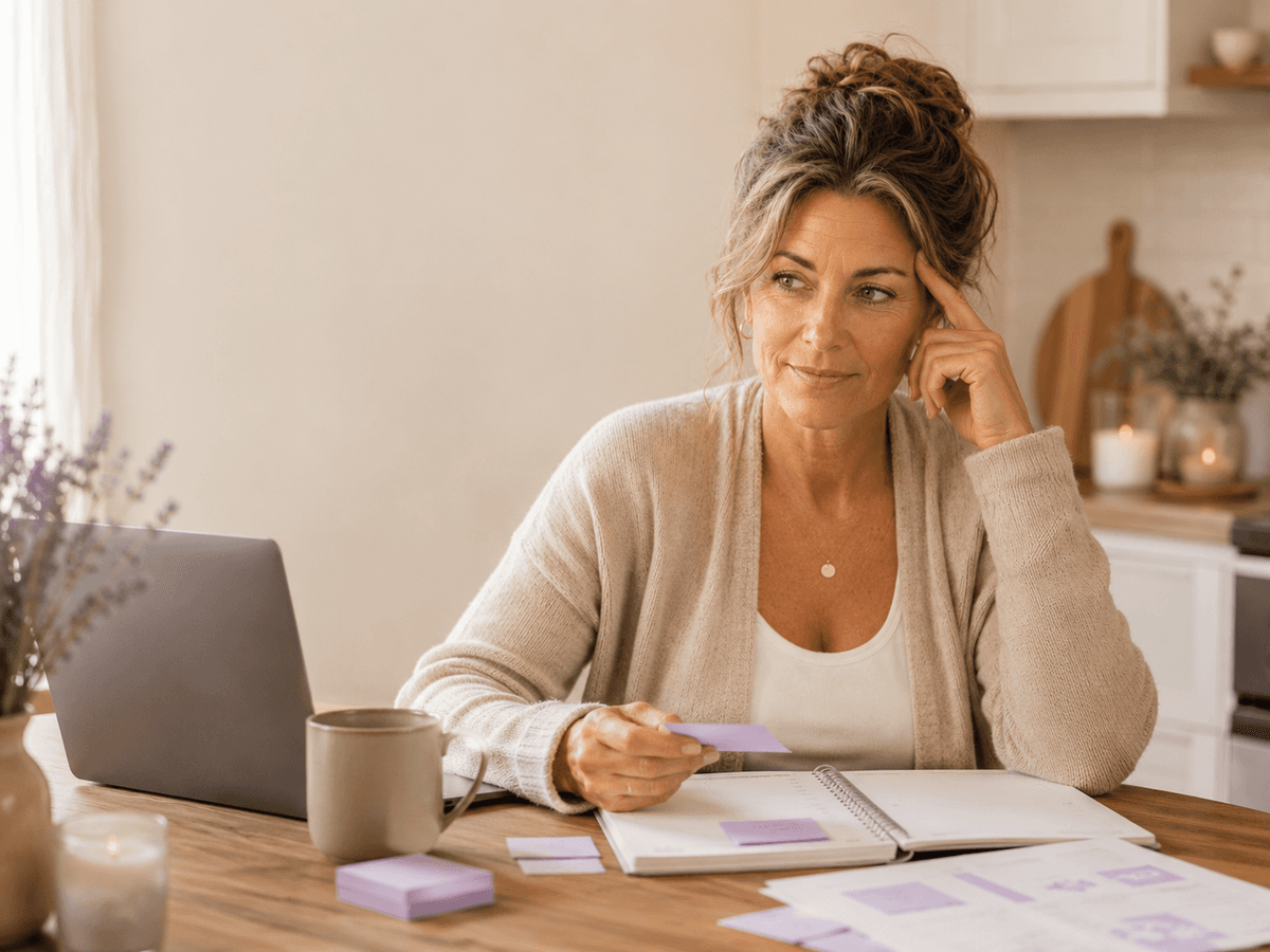 Late-diagnosed ADHD woman sitting at a cozy desk with laptop, planner, coffee, and lavender notes