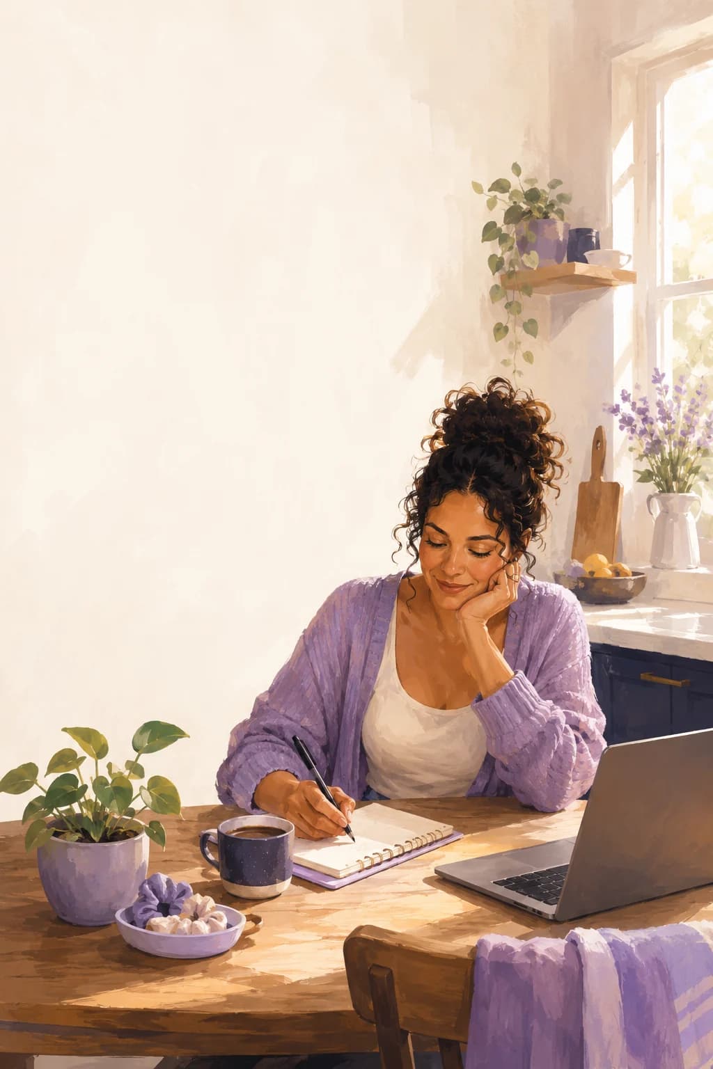 Illustration of a woman with ADHD writing in a notebook at a sunny kitchen table with coffee and a plant
