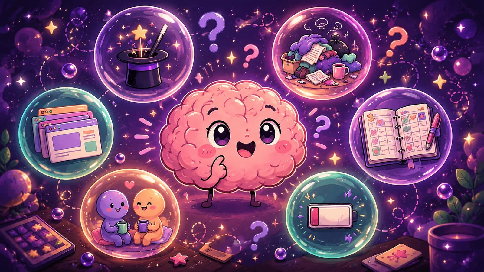 A cute brain surrounded by ADHD archetype icons for the What's Your ADHD Type quiz