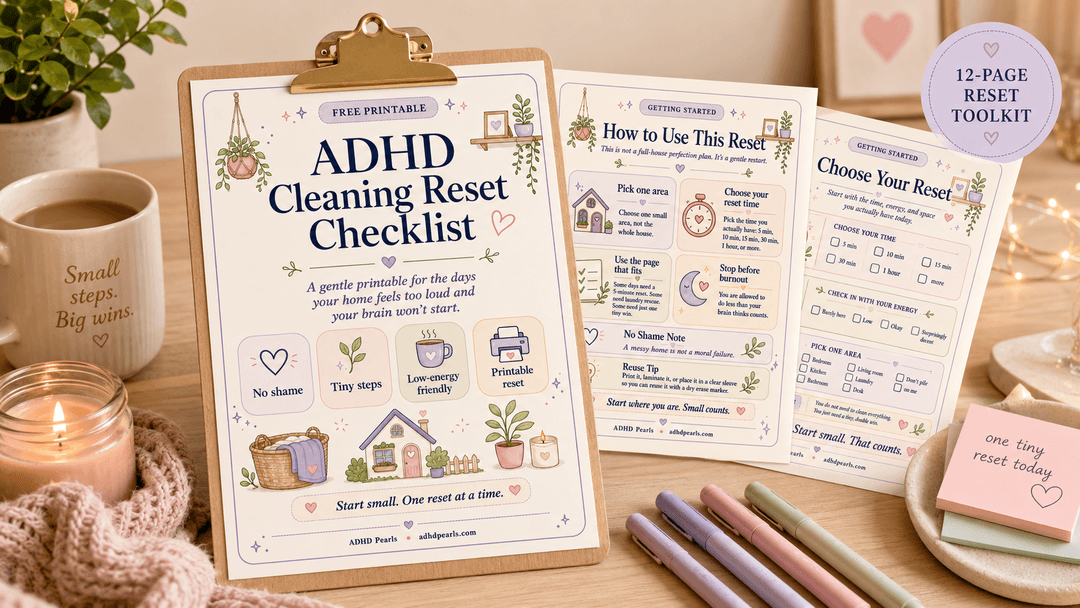 ADHD Cleaning Reset Checklist printable mockup with cozy desk setup and 12-page reset toolkit preview